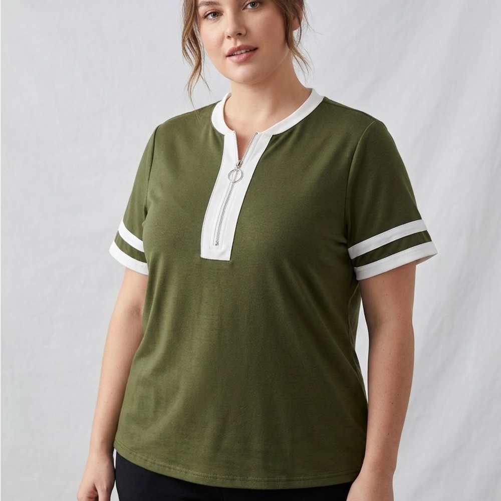 Olive Green Short Sleeve Zip-Front Tee with White Trim